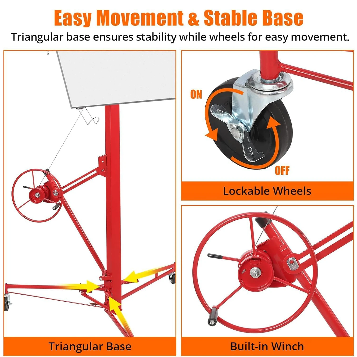 16 FT Drywall Lift Panel Rolling Hoist Jack Lifter with Lockable Wheels Adjustable Drywall Jack Lift for Home Improvement