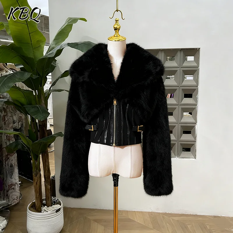 

KBQ Solid Temperament Spliced Zipper Slimming Jackets For Women V Neck Long Sleeve chic Warm Jacket Female fashion winter new