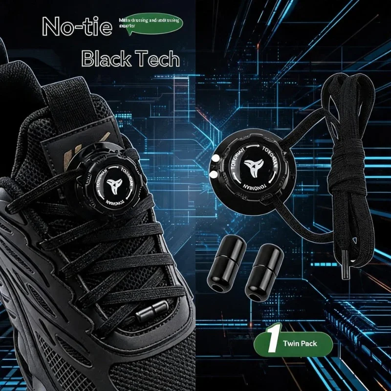 Swivel Buckle No Tie Flat Shoelaces Black Tech Rotary Automatic Tightening Lazy Flat Shoe Laces Quick Release Flat Shoe Strings