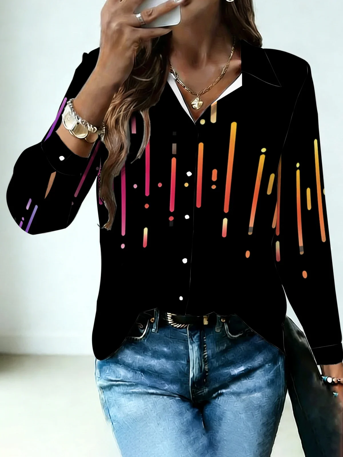 Fall Season Abstract Night Sky Print Women Lapel Blouse Deep Black Solid Base Fluorescent Color Falling Meteor Streak Long Sleev