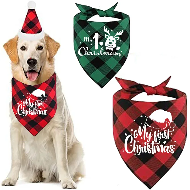 My First Christmas Print Dog Bandanas Large Pet Scarf Pet Bandana for Dog Plaid Bow Ties Collar Cats Dogs Xmas Scarf Accessories