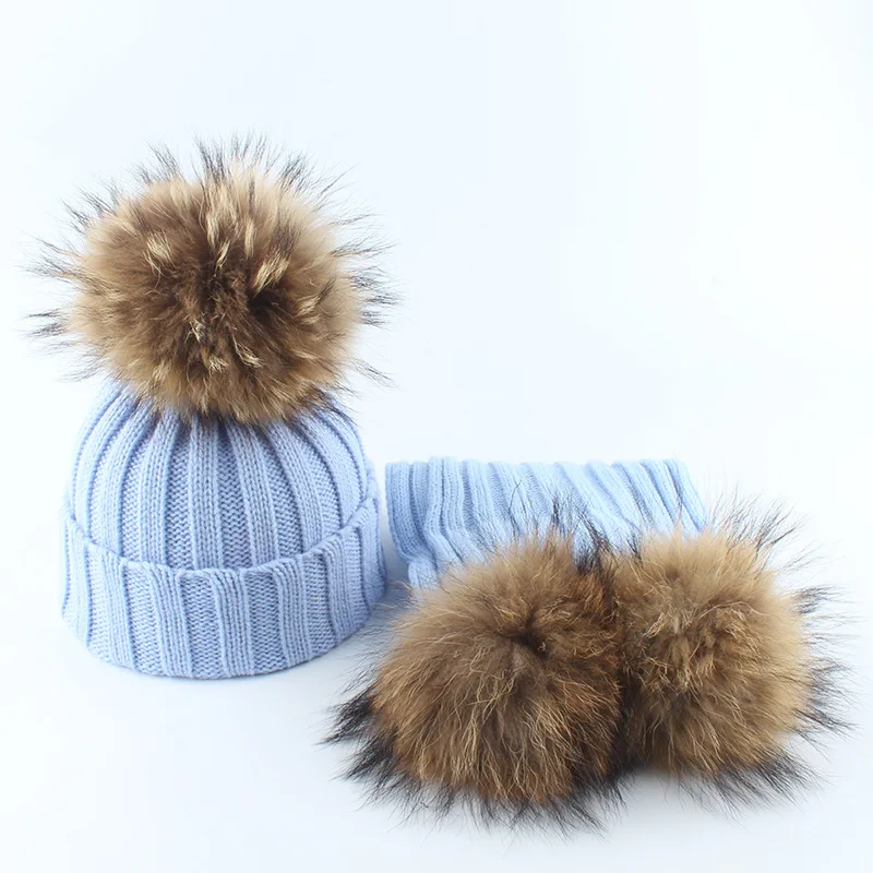 Conjunto de gorro y bufanda de punto informal para niño y niña, gorro cálido de invierno, esquí, de piel Real Pompón, gorros para niño