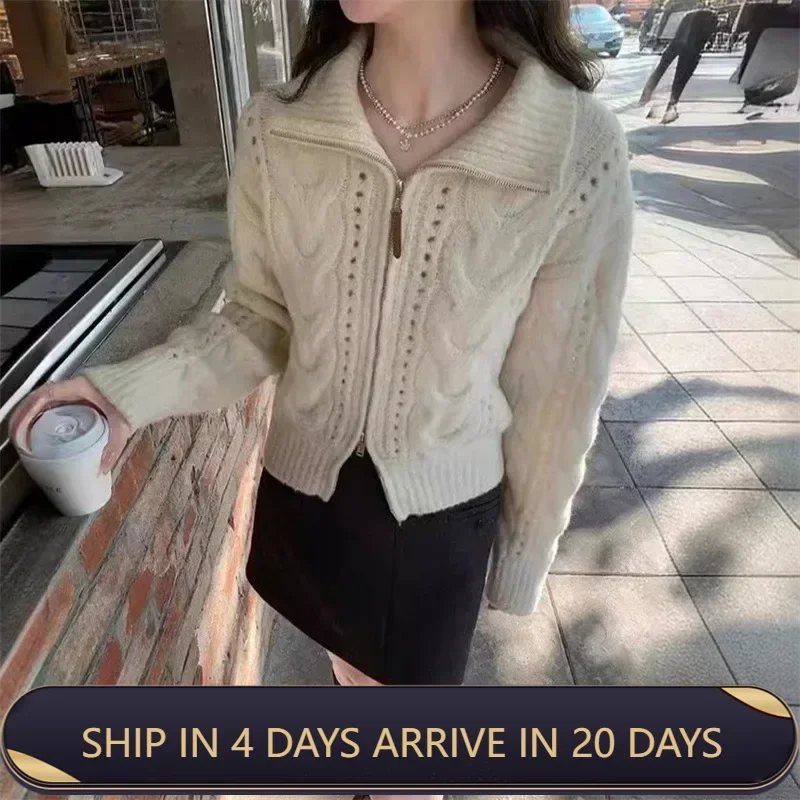 Korean Version Lapel Fried Dough Twists Knitting Cardigan Women's Autumn And Winter Loose Style Sweater Coat With Lazy Style