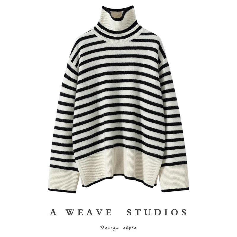 

Autumn/Winter Women's 100% Cashmere Sweater Casual Striped Knitted Hoodie Bottom Sweater Loose High Neck Tops Thick Jumper Warm