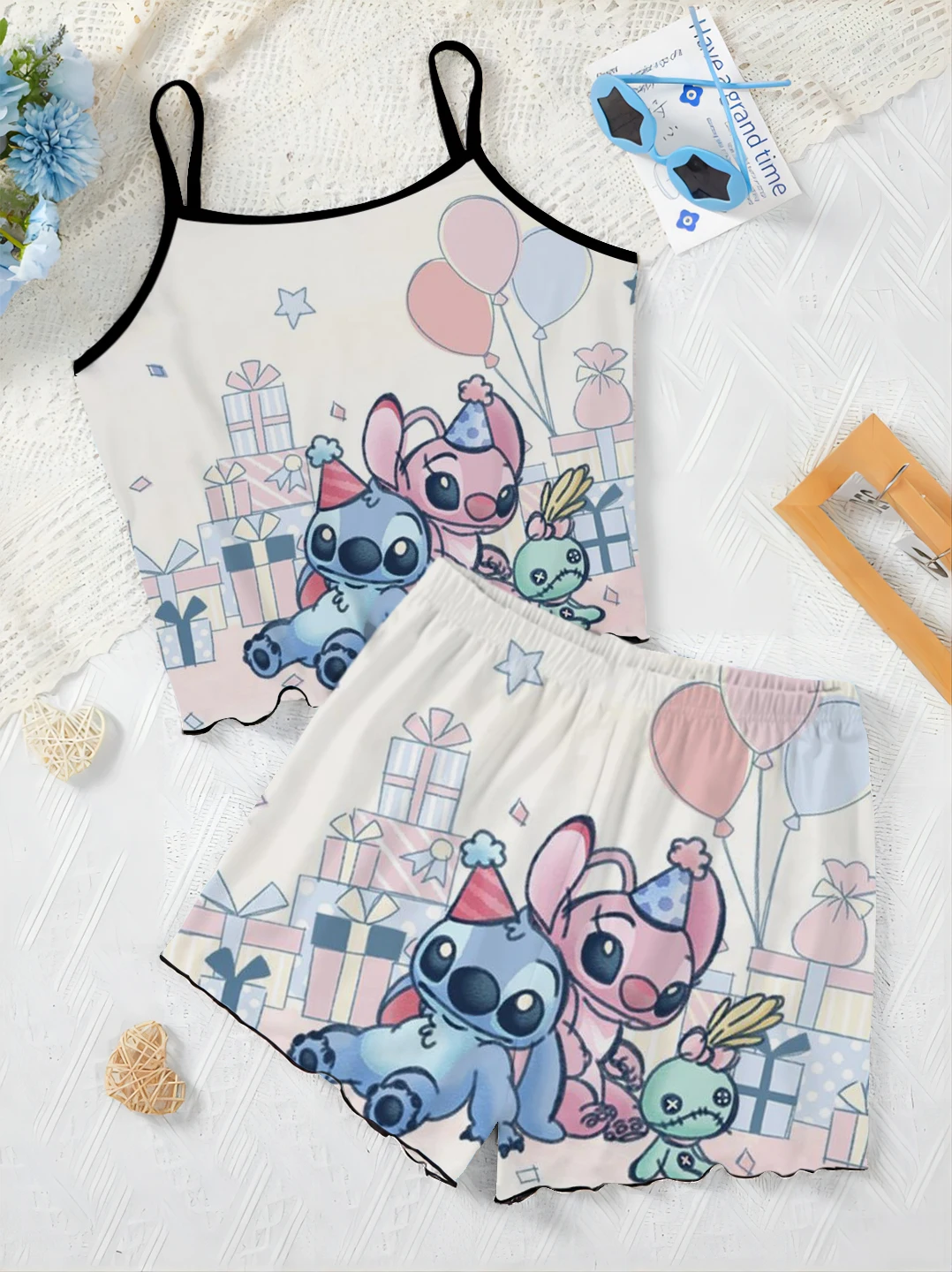 Slip Dress 2 Piece Sets Women Outfit T-shirt Summer Women's Suit Pajama Skirt Lettuce Trim Disney Stitch Top Pieces Short Disney