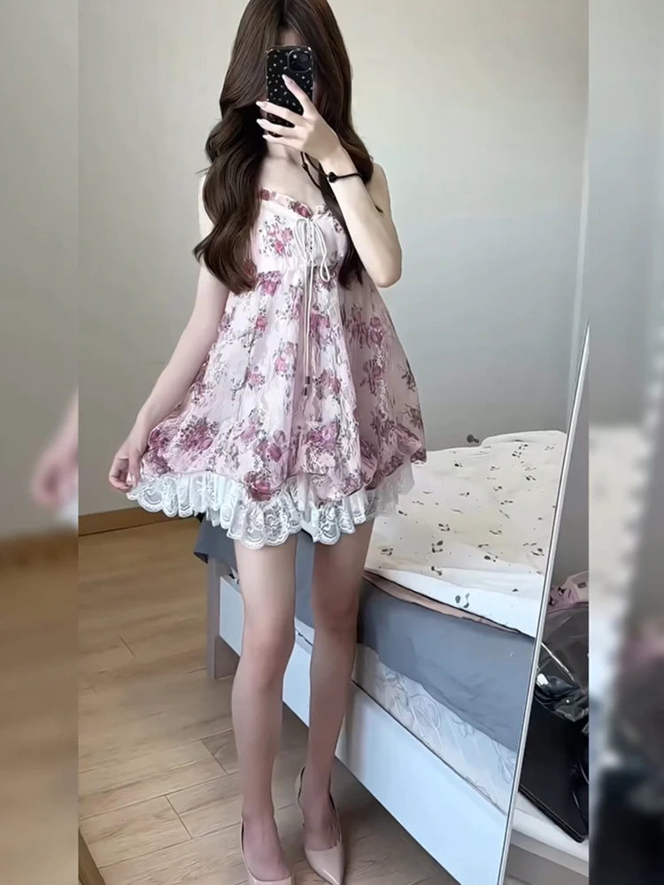 Doce floral impressão dr feminino verão 2025 nova renda emenda flor bud cinta ort saia cintura alta a linha dr