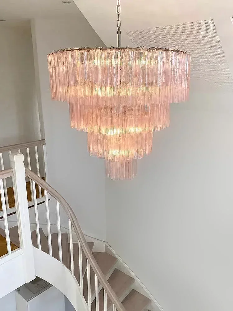 Italian Designer Vintage Texture Glass Ceiling Chandeliers Transparent Pink Home Decoration Hanging Lamps for Living Room Lustre