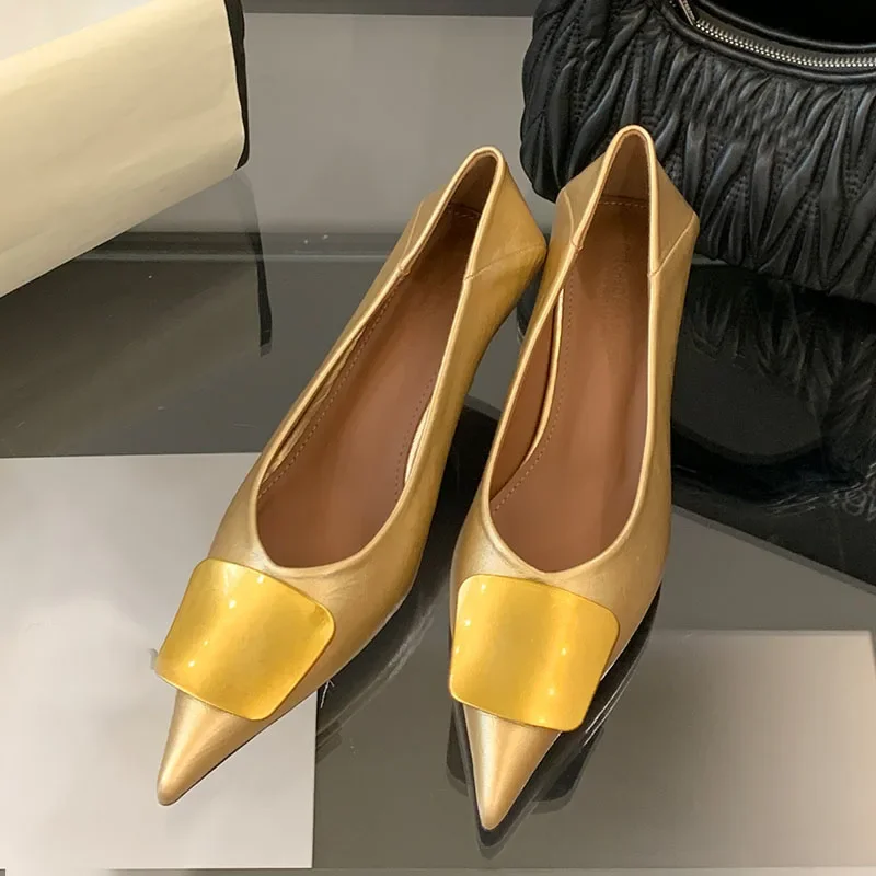 

Designer Pumps Pointed Toe Women Shoes Shallow Square Button Gold Fashion Dress Shoes Female Elegant Brand Office Shoes Ladies