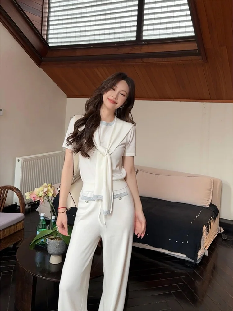 

High Waist Straight Leg Pants Women's Casual Loose Fit White Spring New Sle Comfortable Polyester Fiber Knitted Trousers