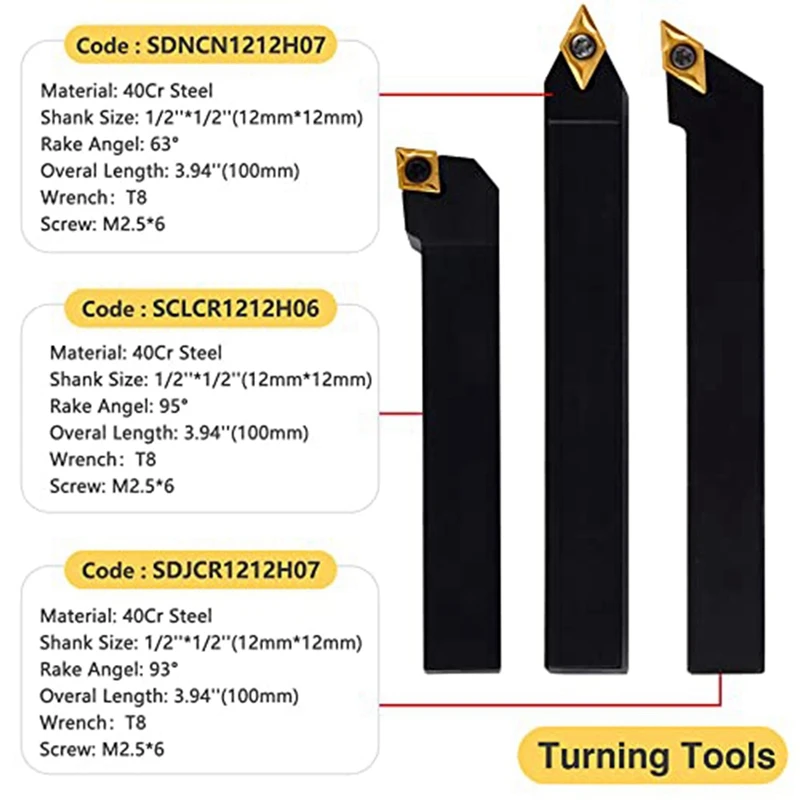 14 PCS Indexable Lathe Turning Holder 1/2Inch-Shank -Metal Lathe Tools Holder Set 7 PCS Parts For Turning Grooving Threading