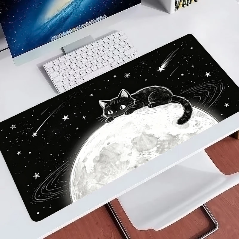 kawaii Mouse Pad Large Extended Gaming Desk Mat Non Slip Gamer Pad Moon Cat Mousepad Black Carpet Rubber Base Computer Mouse Pad