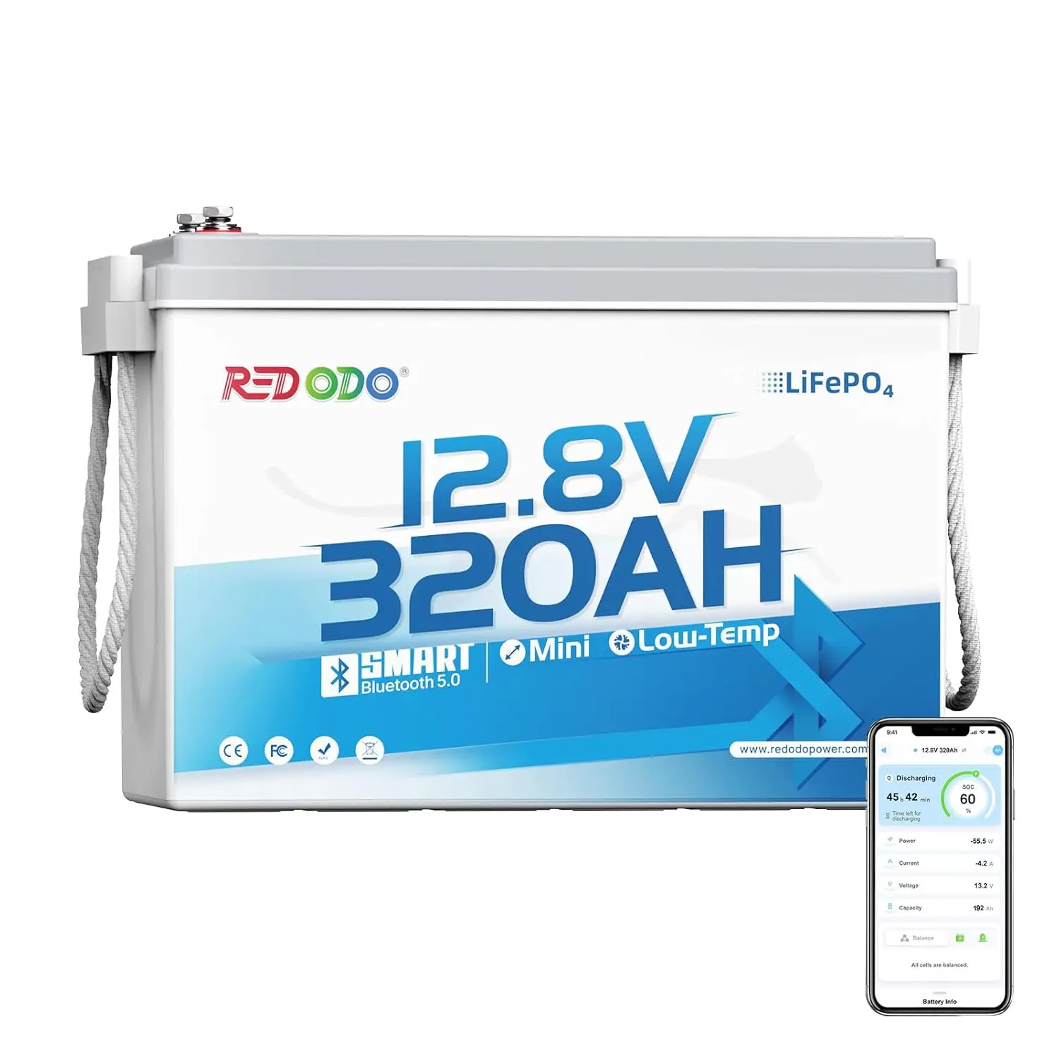 

12.8V 320Ah Mini LiFePO4 Lithium Battery, 15000+ Deep Cycles, IP65 for RV Boondocking & Off-Grid, w/Bluetooth &, Custom