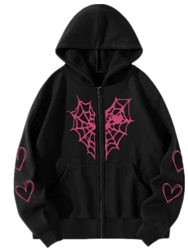 Felpa con cappuccio lunga stampata casual da donna Jaet Street Sle vestibilità ampia chiusura con cerniera capispalla con motivo a cartoni animati