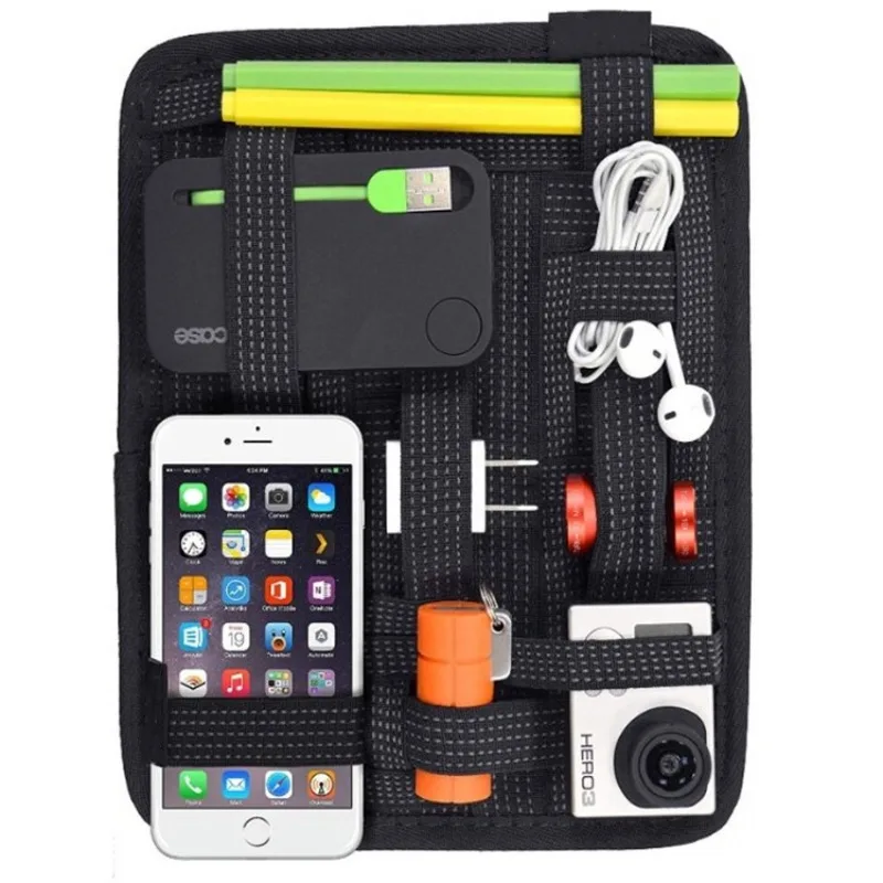 Elastic Band Organizer Board-Portable Travel Insert with Zipper Pocket,Multiple Stretch Straps for Cable/Cosmetics/Tools,Hanging