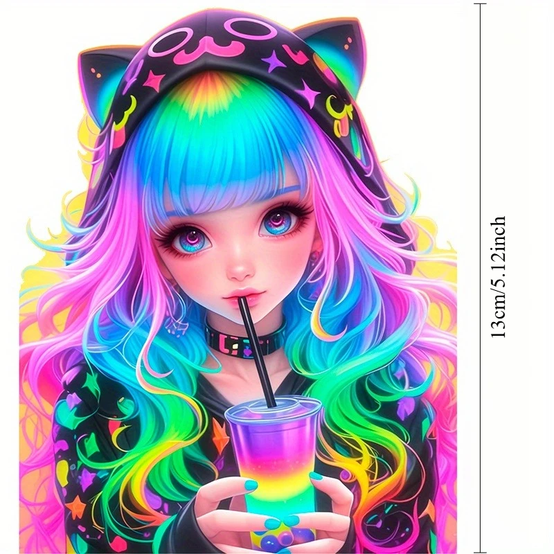 Anime Girl Cat Ears Rainbow Hair Reflective Vinyl Sticker Waterproof for Car Laptop Phone