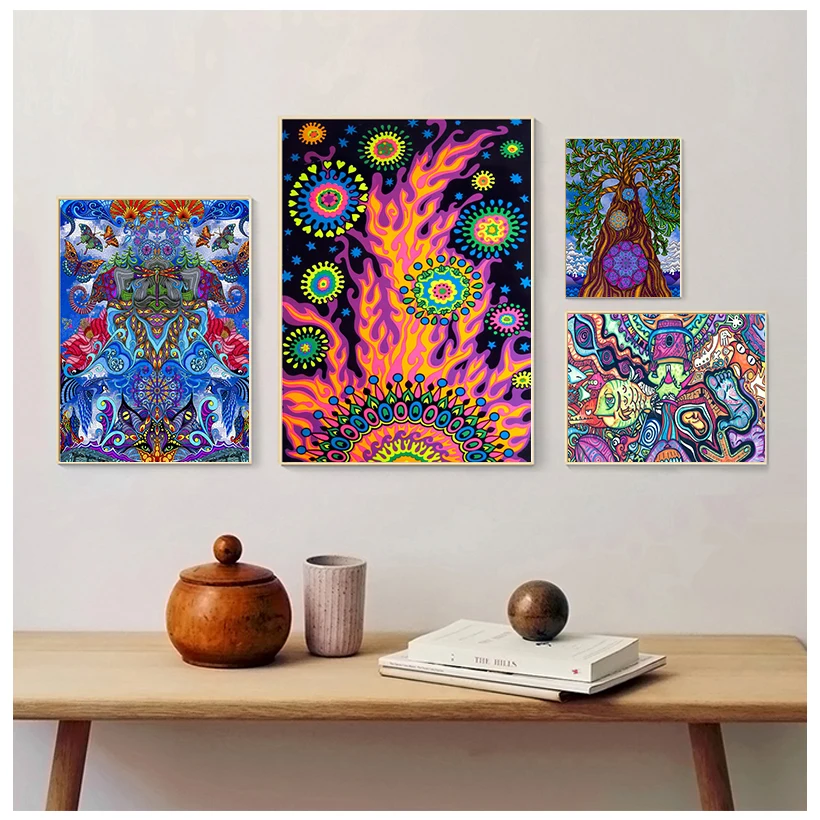 Abstract Blacklight Paintings Art Psychedelic Trippy Poster Prints  Wall Canvas Wall Pictures For Living Room Home Decor