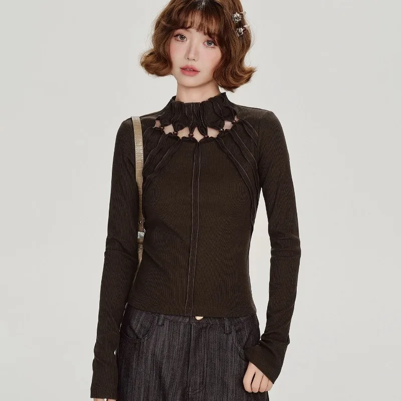 Camisetas de manga larga caladas para chica picante, Top corto de diseño ajustado liso Retro americano, ropa de calle gótica estética Y2k