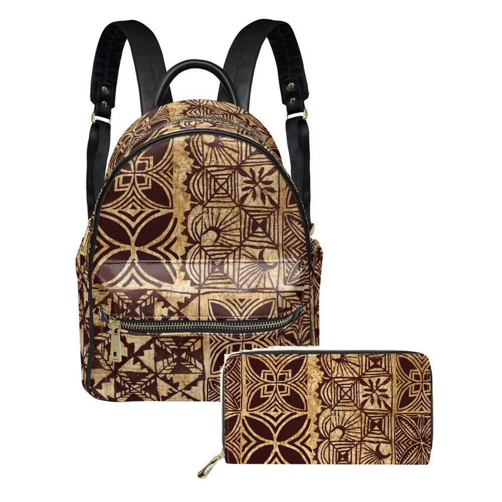 Polynesian Print Women'S Casual Backpack With The Same Wallet 2 Piece Set Custom Pacific Island Pattern Pu Backpack