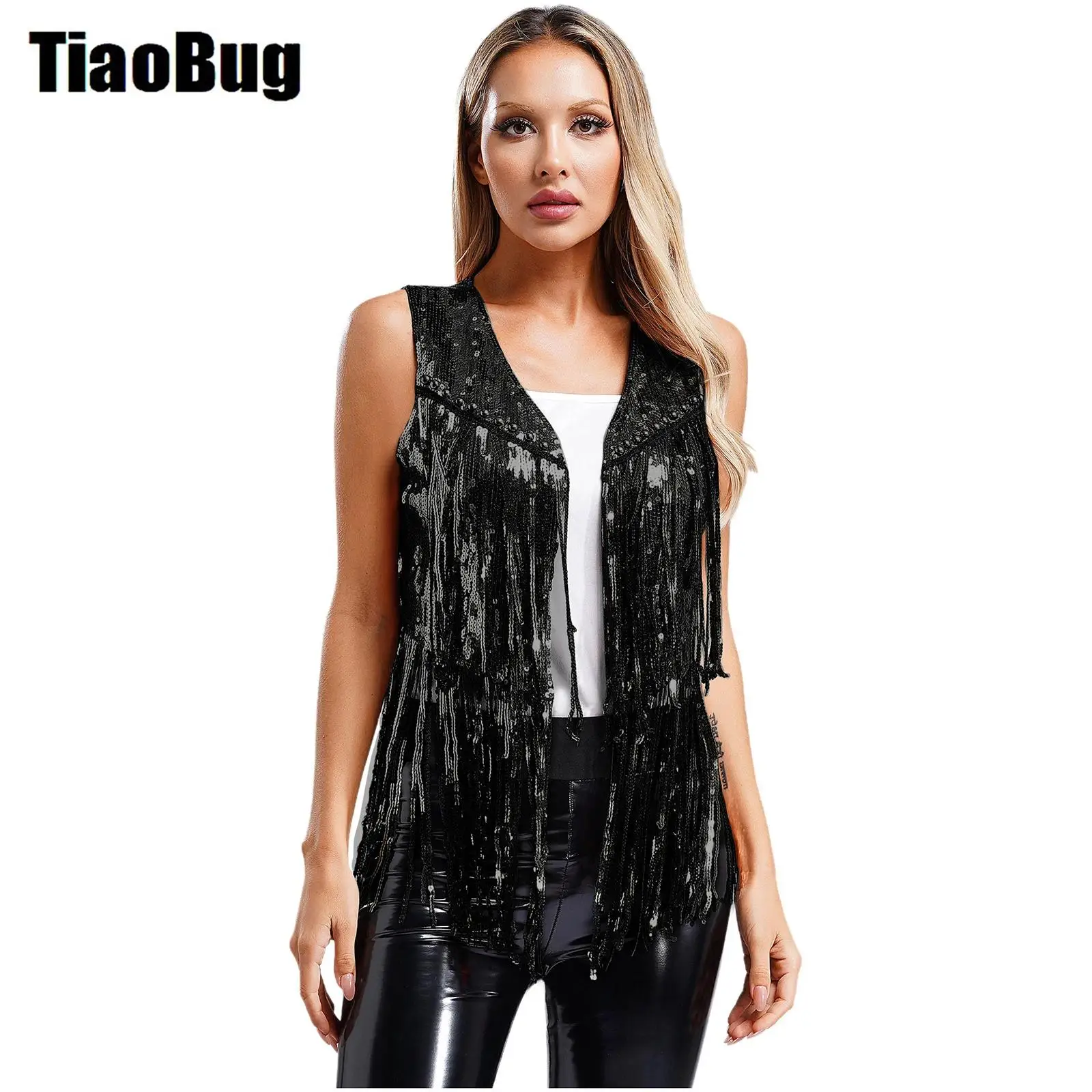 

Womens Sequins Cowgirl Waistcoat Stylish Bolero Open Front Tassel Rivets Sleeveless Vest Cardigan for 70s Disco Club Party