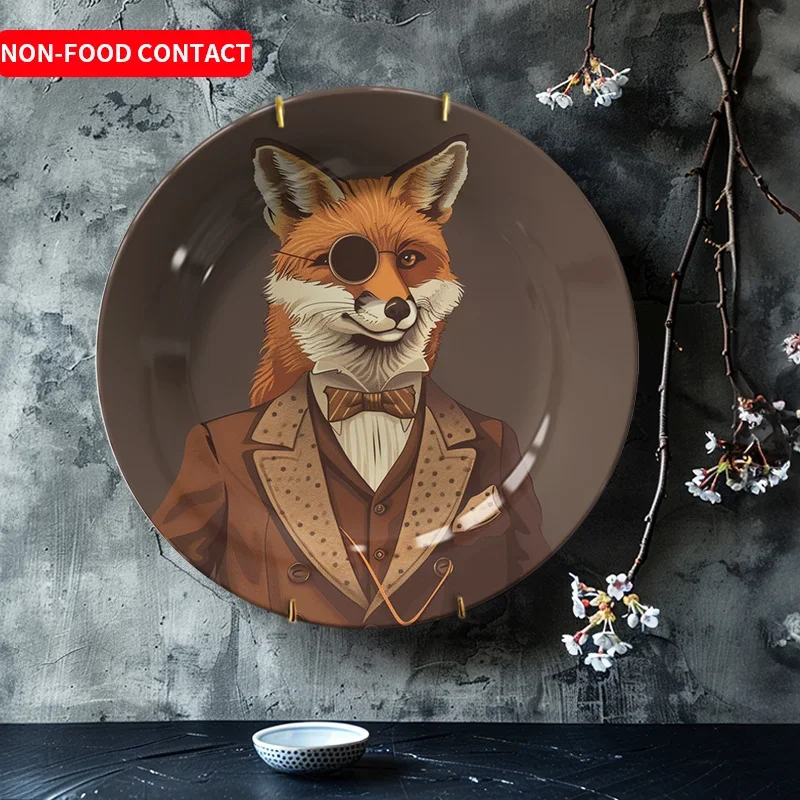 1pc Cartoon Fox Gentleman Ceramic Decorative Plate - Whimsical Anthropomorphic Fox in Vintage Attire, Non-Food Contact Art Dish