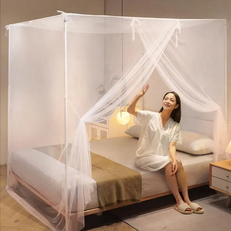 厚みのある床置き蚊帳-シングルベッド-寝室用-旧式フレームロッド内蔵-蚊よけナイロントップ