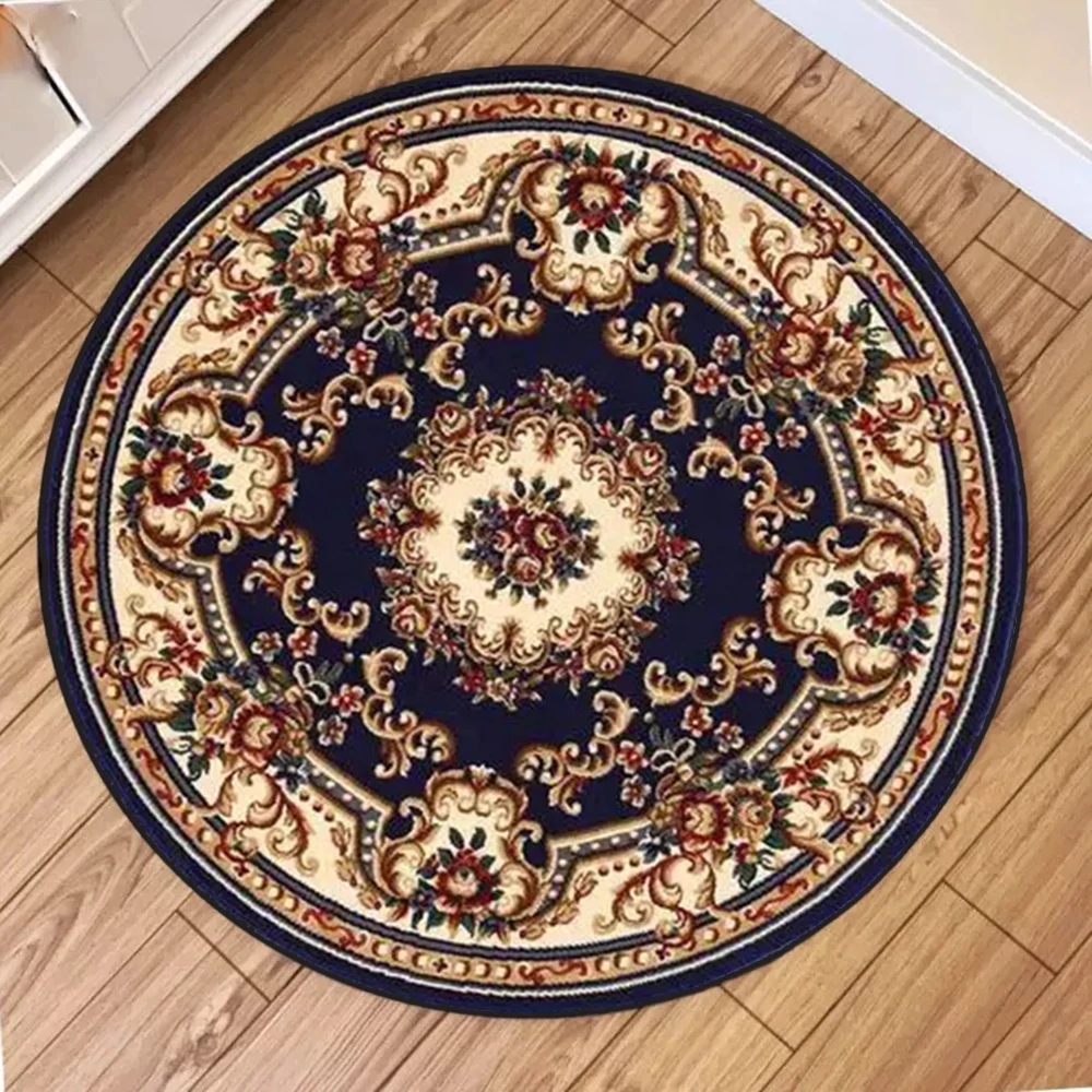 Vintage European Floral Scroll  Mandala Geometric Pattern Round Rug Soft Carpet for Living Room Bedroom