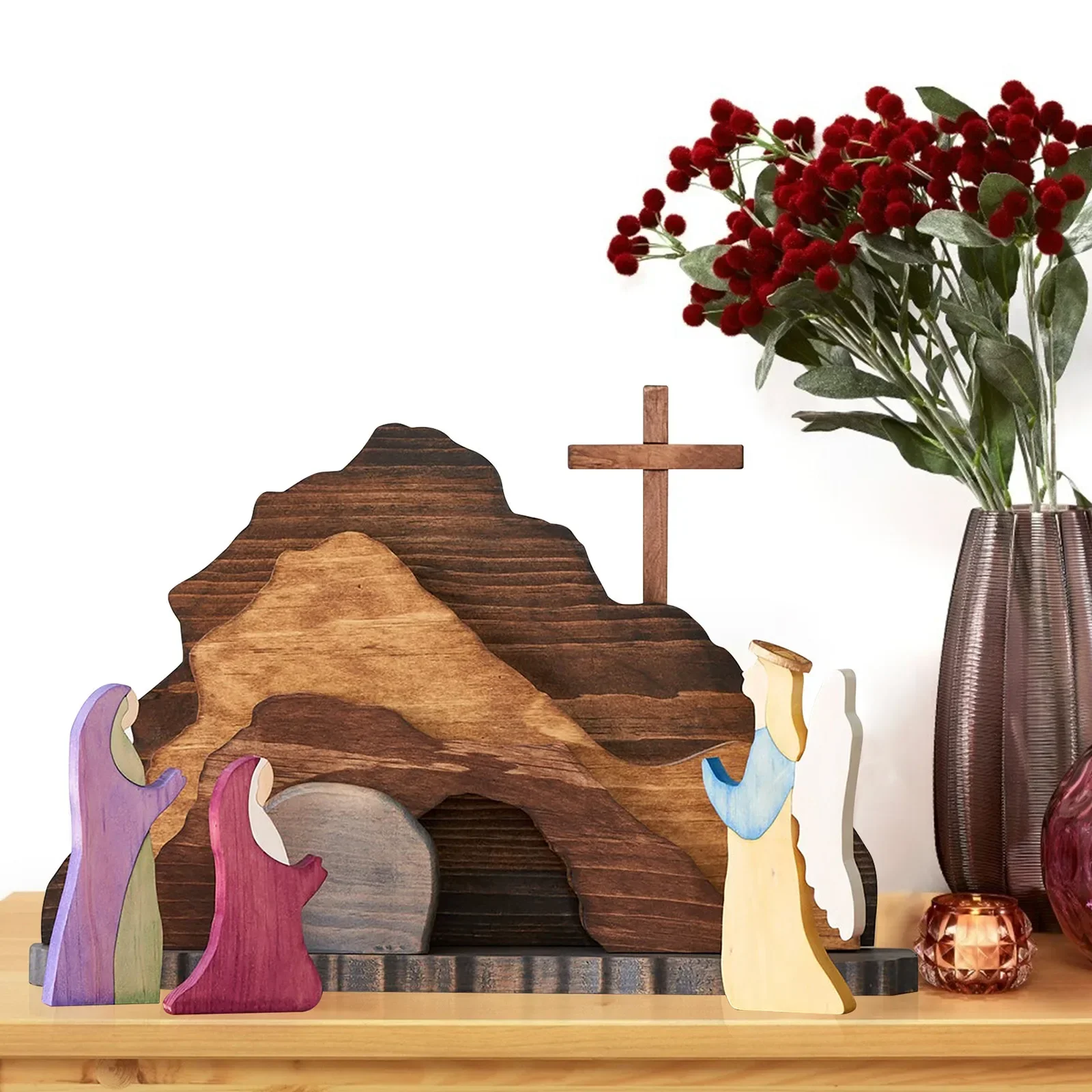 Wooden Easter Resurrection Scene Ornaments Wooden Manger Nativity Scene Home Tabletop Decorations Figurines Gift