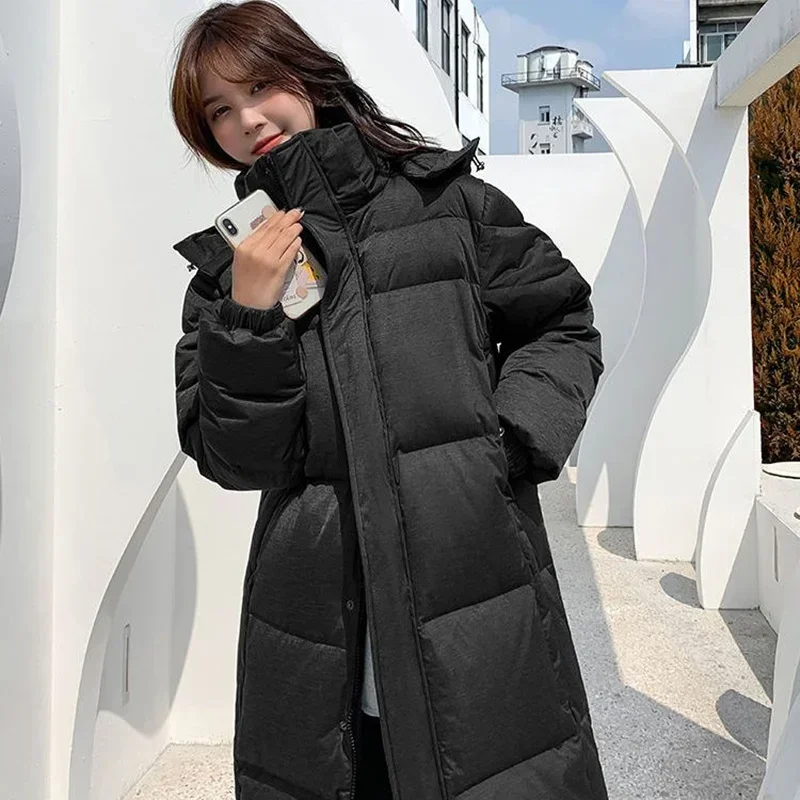 Black Women\'s Down Cotton Coat Winter Maxi Jacket With Hood Thicken Loose Warm Long Winter Parkas Padded Quilted Coat Women