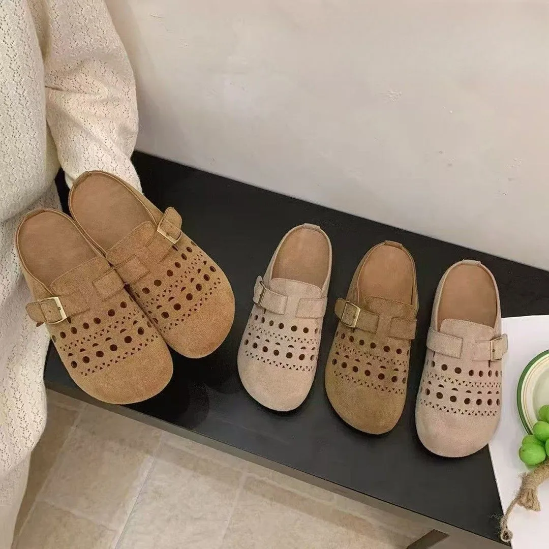 

2026 Summer New Soft Leather Thick Bottom Hollow out Versatile Baotou Dragging Women's Casual Comfortable Cool Slippers