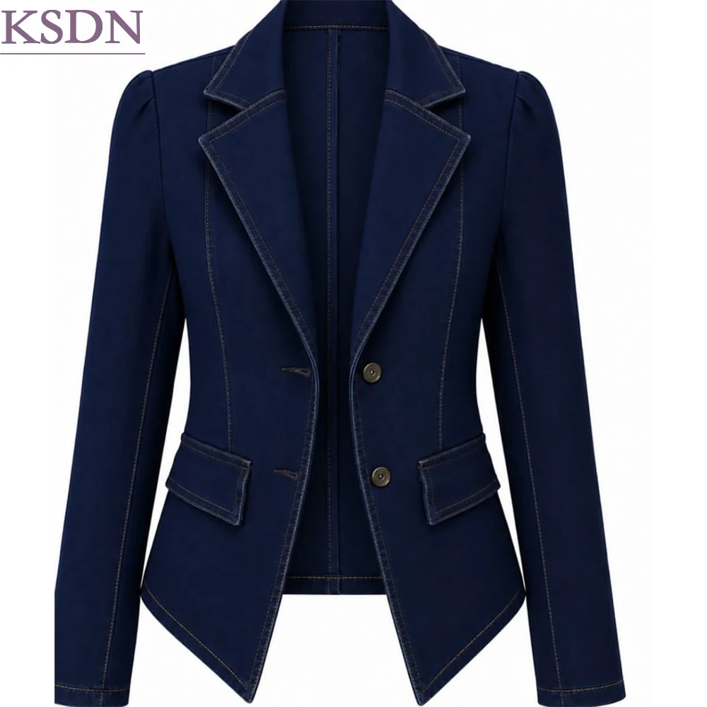Slim Fit Cropped Denim Women's Blazer Elegant Single Breasted Notch Lapel 1 Piece Jacket Customzied Office Daily Wear Outfits