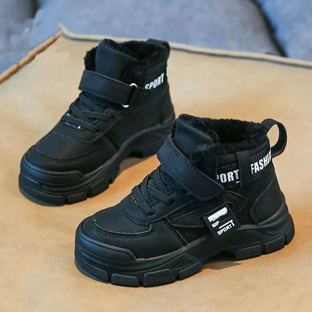 

Anti-slippery Fashion Teenager Boy's Thick Warm Trend Cotton Shoes Velcro Winter Snow Boots PU Leather Plush Boots Children’s