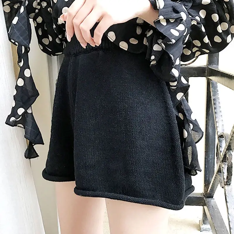 Short tricoté pour femme, ample, élastique, taille haute, avec poches, noir, blanc, gris, automne et hiver