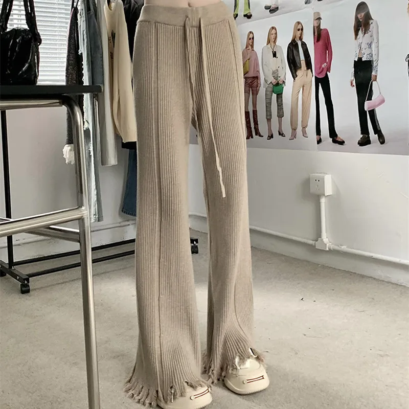 

Broken Edge Knitted Casual Wide-leg Pants Women's New High Waist Slim Loose Mop Pants Autumn and Winter Tassel Pants