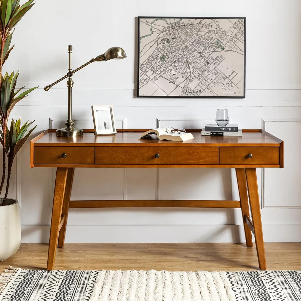 Home Office Desk with 3 Drawers & Solid Wood Legs,Writing Table with Charging Station & Cable Management,Mid Century Modern Desk