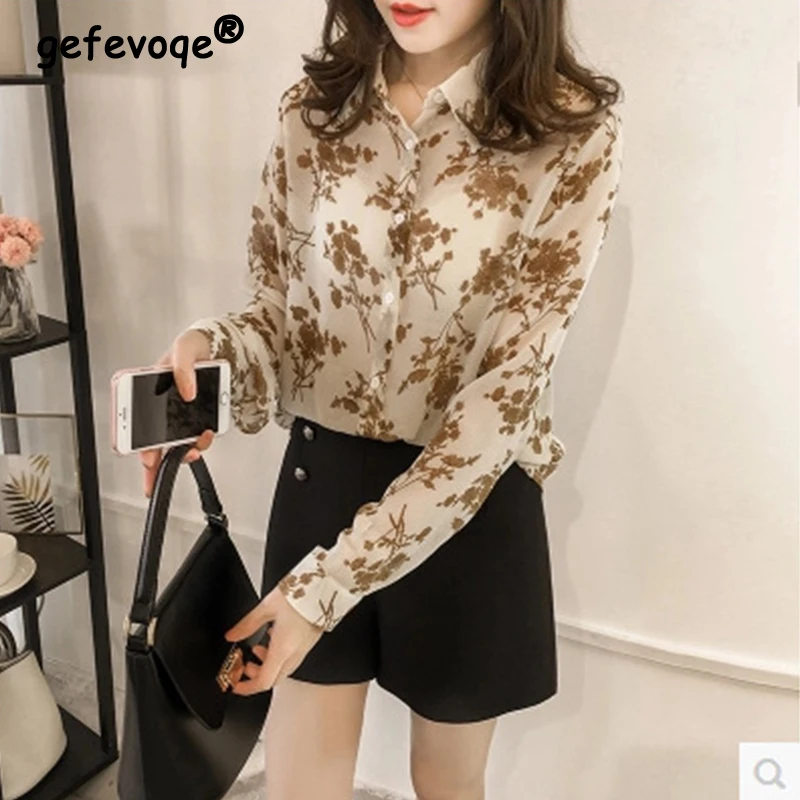 

Spring Autumn Floral Print Oversized Casual Fashion Chiffon Blouse Femme Long Sleeve Temperament All-match Loose Shirt Top Women