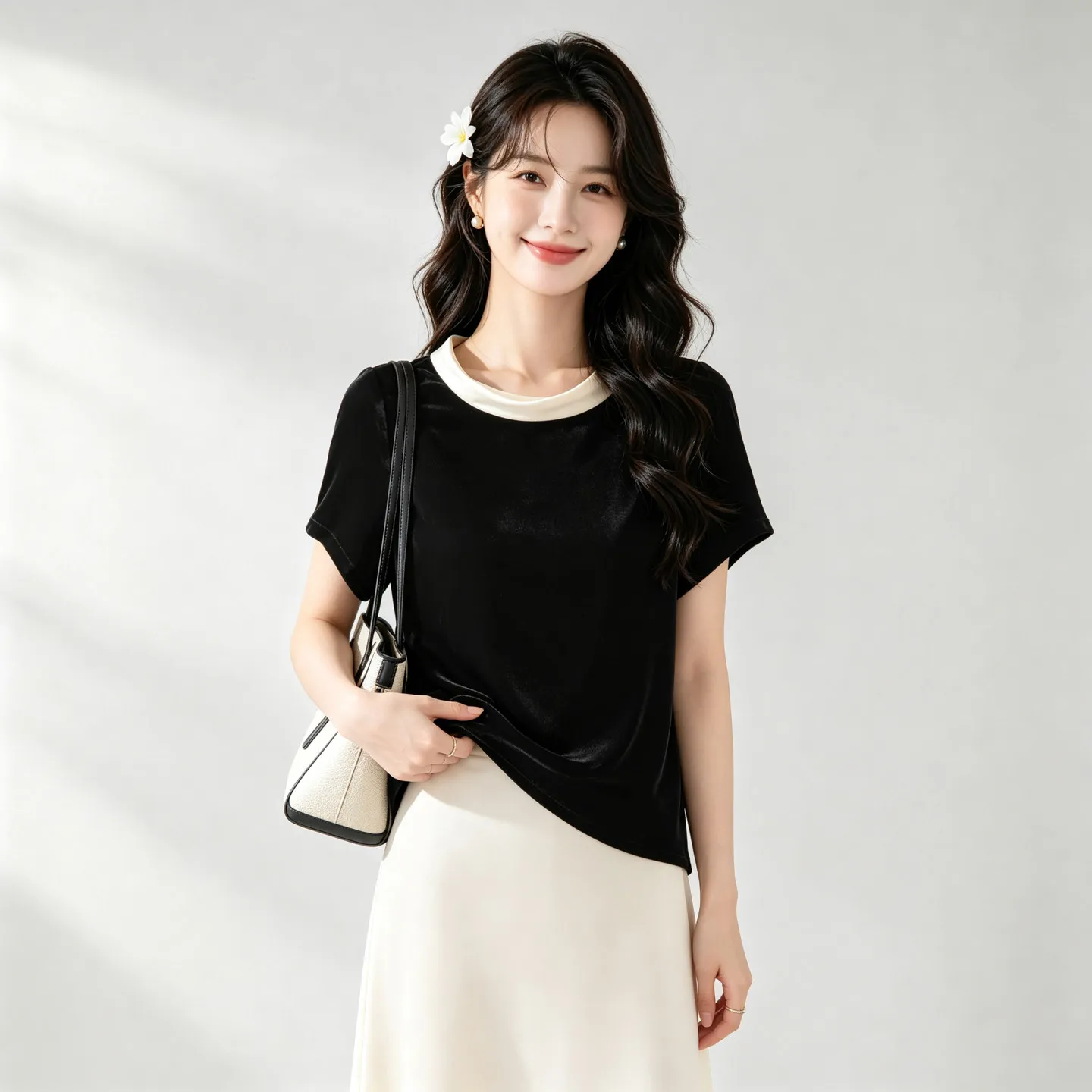 Winsleter-Silk Velvet Elegant T-Shirt, O Neck Short Sleeve, Women Hepburn Style Retro Commute Loose Top, 2026 Autumn T68502CC