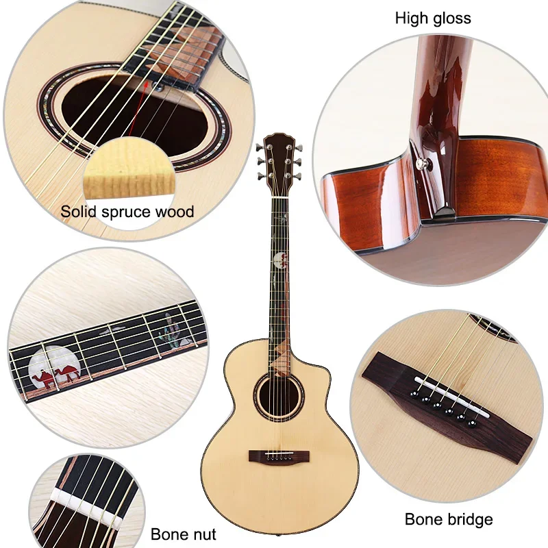 Acoustic Guitar Full Solid Wood 41 Inch Guitar Sharp Angel High Gloss 6 String Folk Guitar with Radian Corner Professional