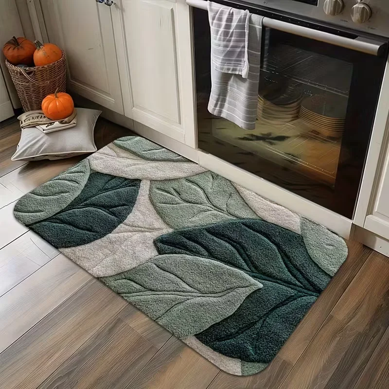 2D Flat Green Leaf Pattern Anti Slip Mat Home Carpet Holiday Party Decoration Multiple Scenes Fluffy Winter Decoration Carpet