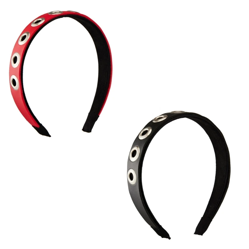 50JB Gothic Punk Rock Hairband PU Leather with Hook Rivets Hairpieces Unisex Hair Accessory for Parties and Festivals