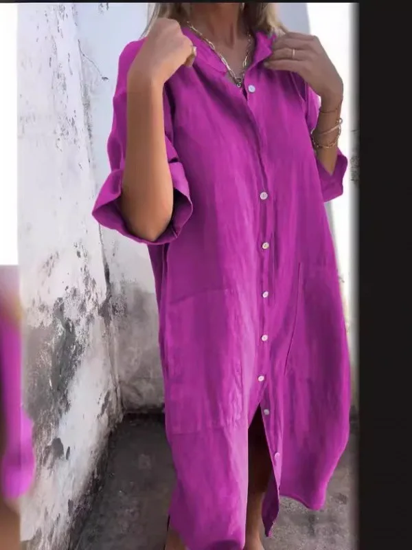 レディースカジュアルミッドスリーブシャツドレス綿麻春シーズン薄手生地通勤スタイルルーズウエストその他素材00%