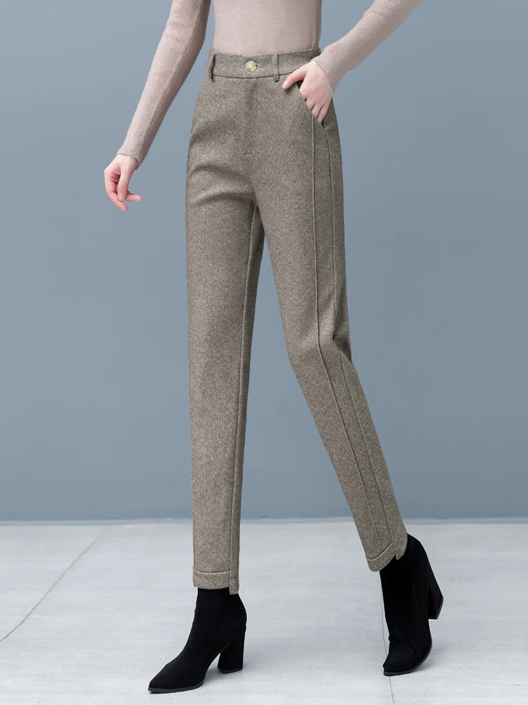

Women's High Waist Fleece Lined Woolen Harlan Pants Casual Suit Pants Straight Leg Slimming Autumn Winter Fashion Trend