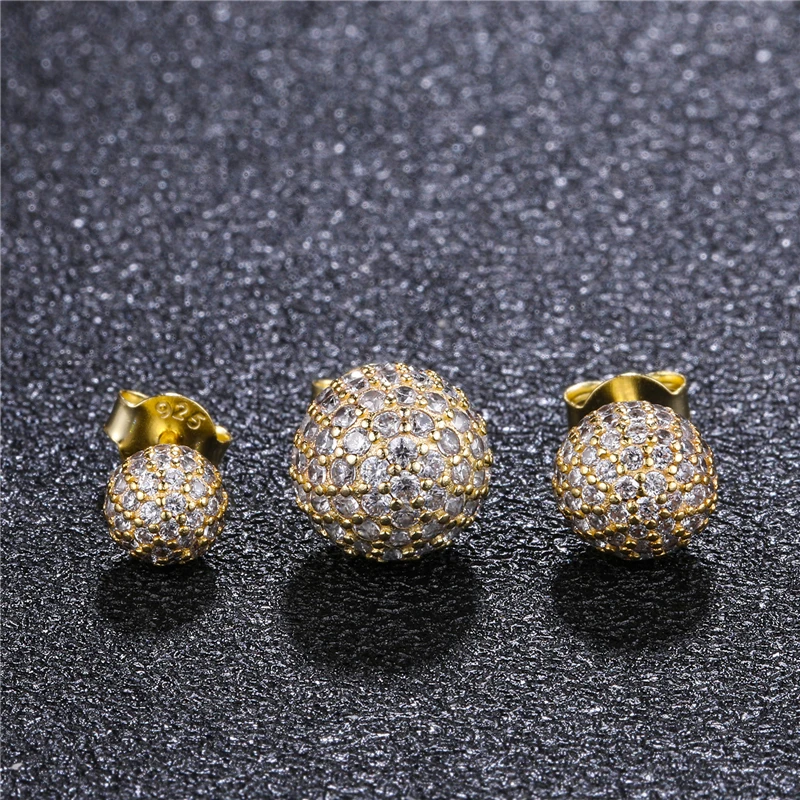 Hip Hop 1Pair Iced Out Bling Cubic Zircon Ball Stud Earring For Men Women Jewelry Rock Micro Full Paved CZ Copper Earrings