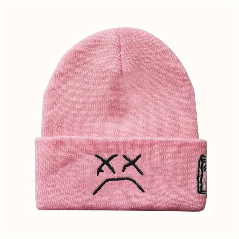 Cappello freddo ricamato con espressione triste per uomo, caldo cappello lavorato a maglia da donna, cappello con cappuccio fresco e alla moda