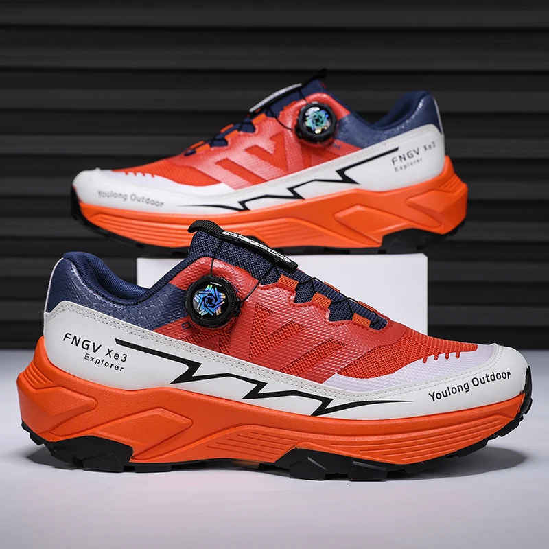 Men Rotating Buckle Hiking Shoes Breathable Mesh Non Slip Thick Sole Outdoor Trekking Sneakers Big Size 39-46