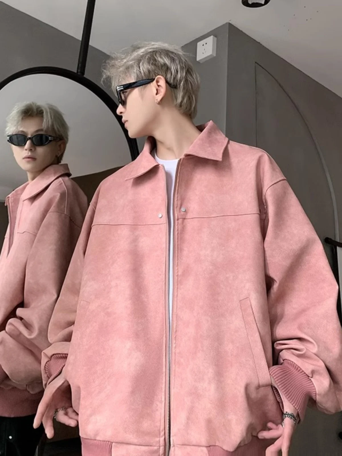 

American High Street Sle Men's Loose Fit Pure Color PU Leather Jaet Spring Autumn Trendy Brand Street Sle Coat
