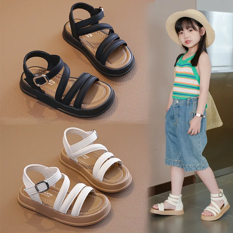 Sandalias romanas para niñas, zapatos planos cómodos de suela suave, antideslizantes, informales, de Color sólido, para playa, novedad de verano