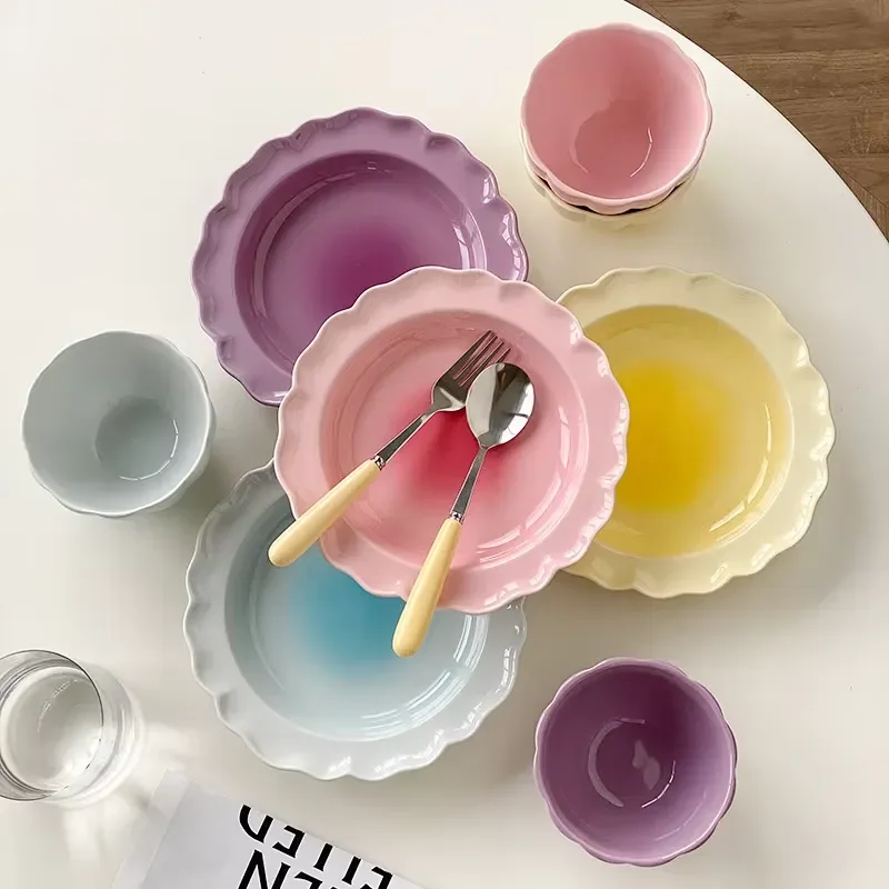 for Restaurant High Quality Kitchen Ceramic Tableware Gradual Change Pink Dessert Fruit Vegetable Plate with Bowl Set