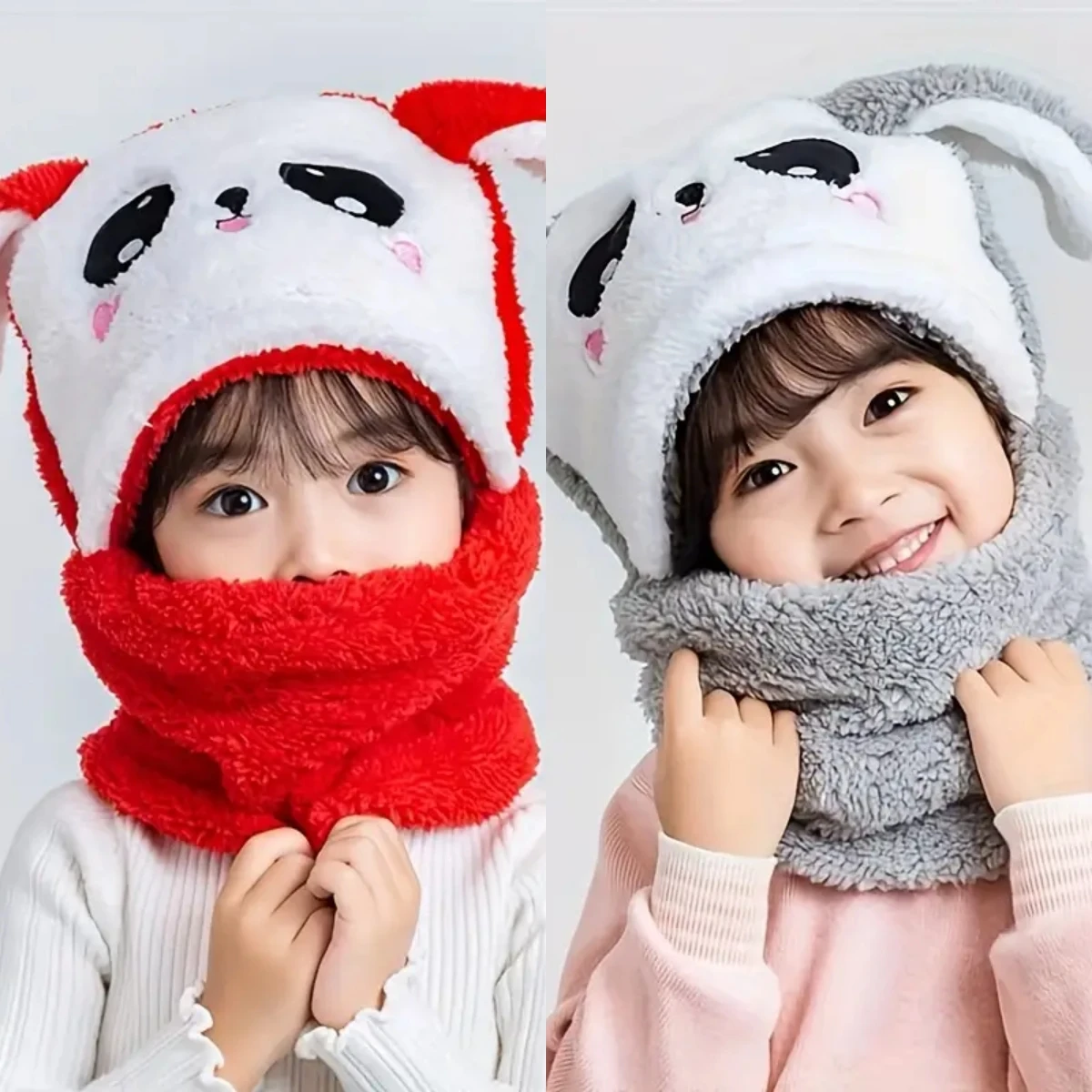 

Winter Cartoon Rabbit Coral Velvet Cap Plush Balaclava Kids Caps Double Fleece Baby Scarf Hat Children