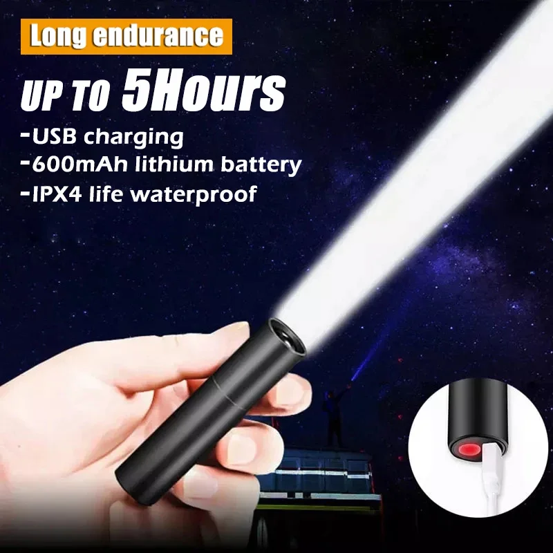 Mini Portable LED Flashlight USB Rechargeable Small Pocket Light Built In Battery Fixed Focus Zoomable Camping Searching Lantern