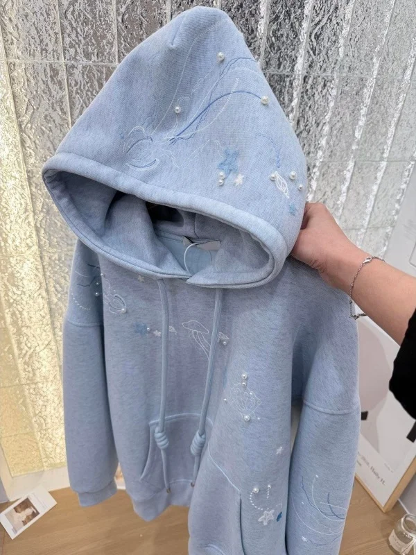 Chic Pearl Embroidery Cartoon Hooded Fleece Women's Sweatshirt Autumn Winter Lazy Style Loose Versatile Heavy Embroidery Top